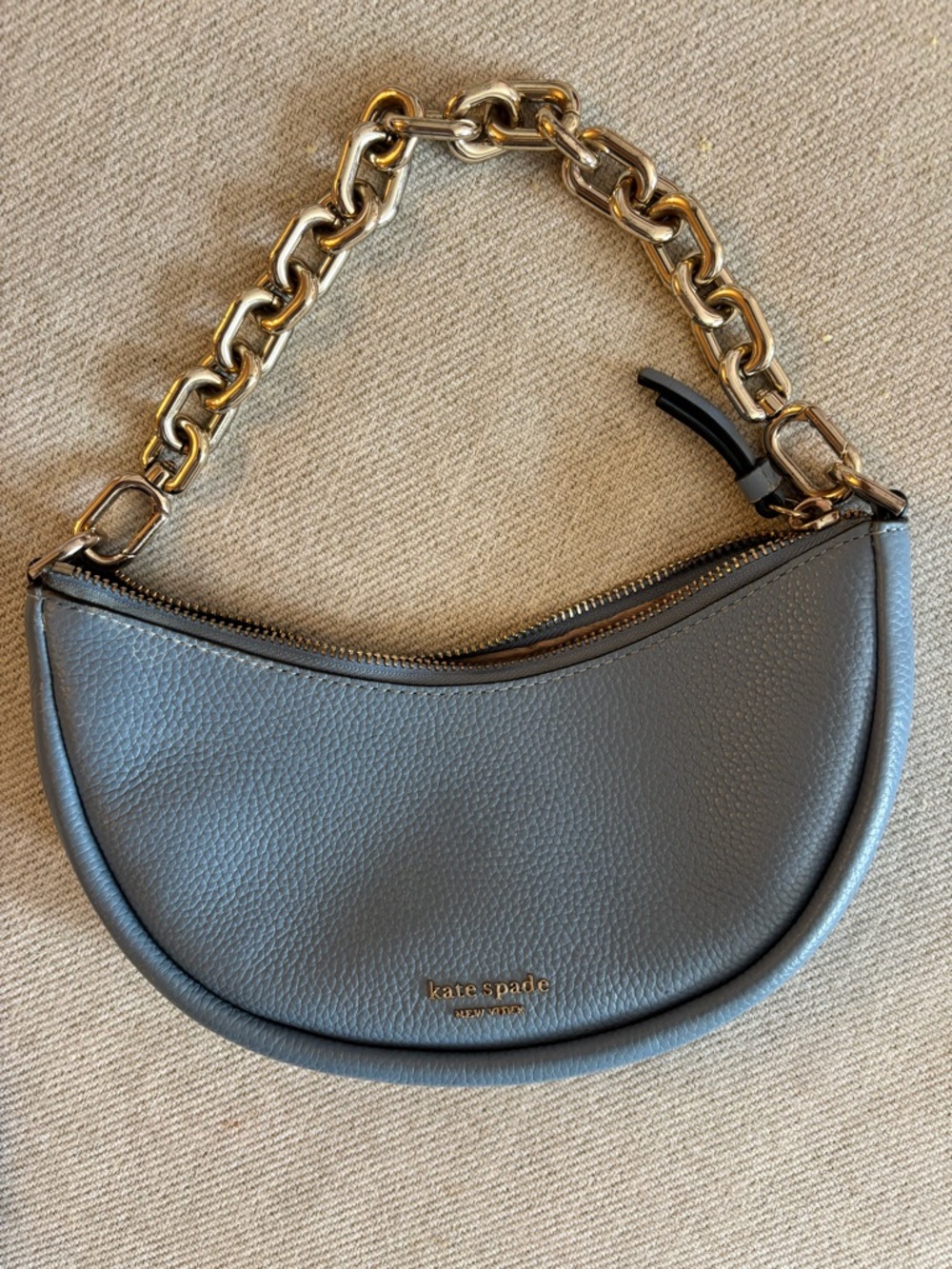 kate spade Blue Pebbled Leather Crescent Shoulder Bag with Gold Chain